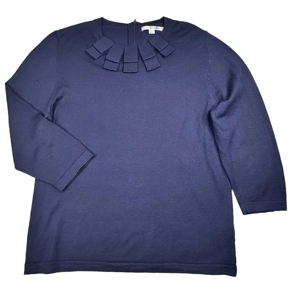 Boden 100% Wool Shirt. Pleated Ribbon Neck. 3/4 Sleeves. Navy Blue. Size US 14